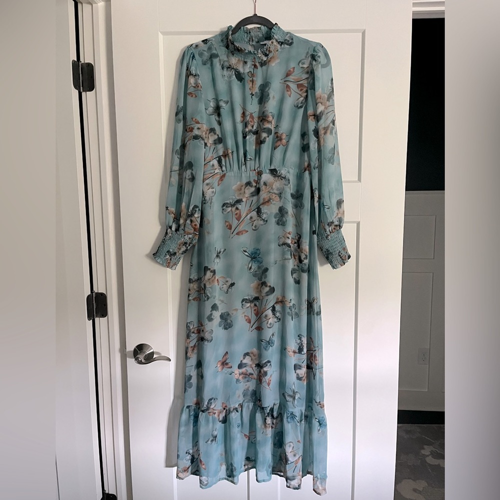 Baltic Born Blue Ruffled Tiered Gown with Bishop Sleeves